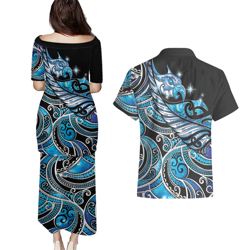 Maori Matariki - Manaia Couples Matching Puletasi and Hawaiian Shirt Galaxy Blue Paua Shell