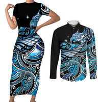Maori Matariki - Manaia Couples Matching Short Sleeve Bodycon Dress and Long Sleeve Button Shirt Galaxy Blue Paua Shell