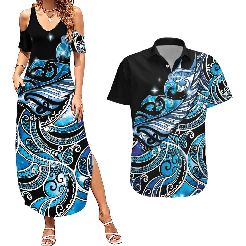 Maori Matariki - Manaia Couples Matching Summer Maxi Dress and Hawaiian Shirt Galaxy Blue Paua Shell LT7 Blue - Polynesian Pride