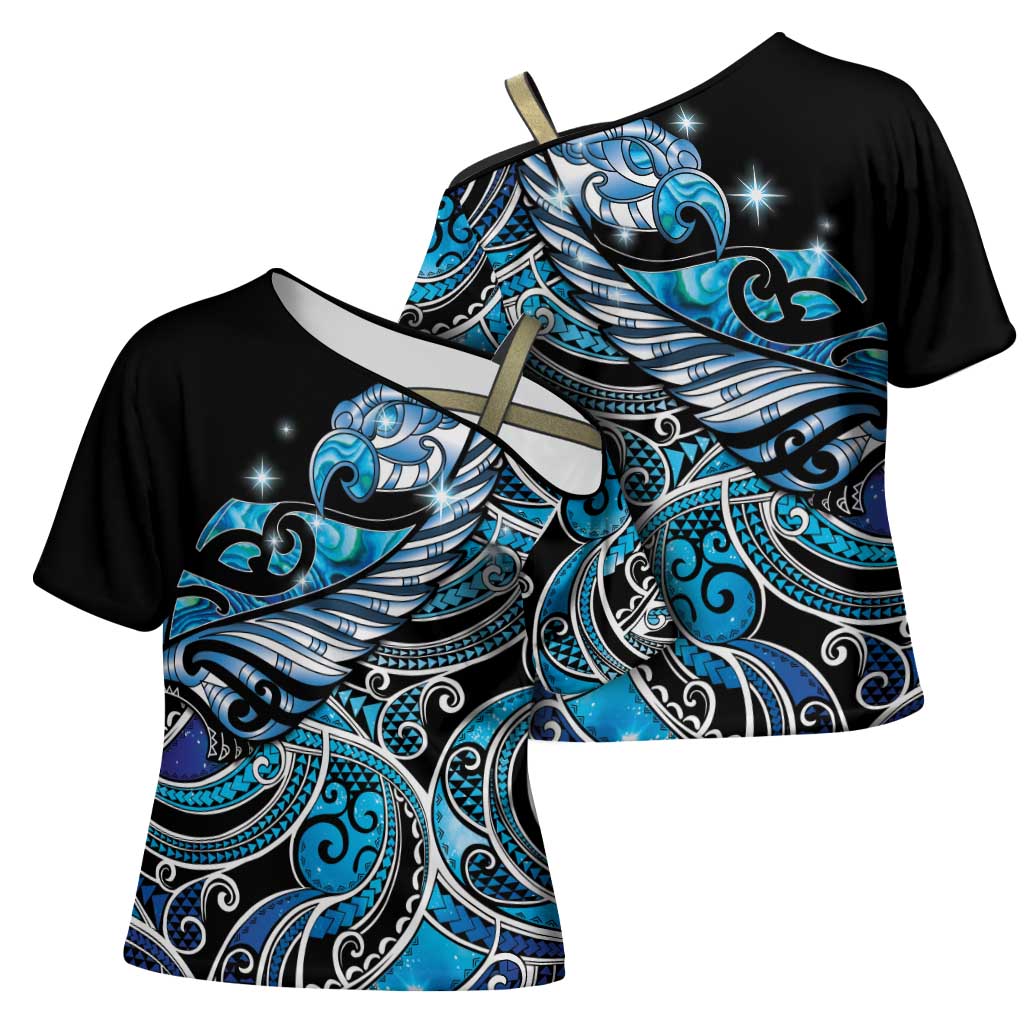 Maori Matariki - Manaia Cross Shoulder Shirt Galaxy Blue Paua Shell