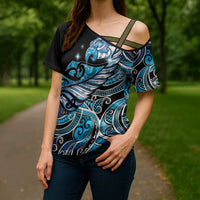 Maori Matariki - Manaia Cross Shoulder Shirt Galaxy Blue Paua Shell