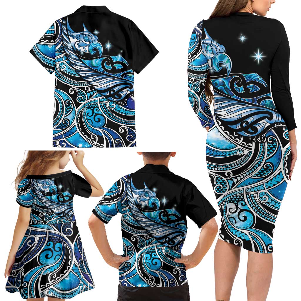 Maori Matariki - Manaia Family Matching Long Sleeve Bodycon Dress and Hawaiian Shirt Galaxy Blue Paua Shell