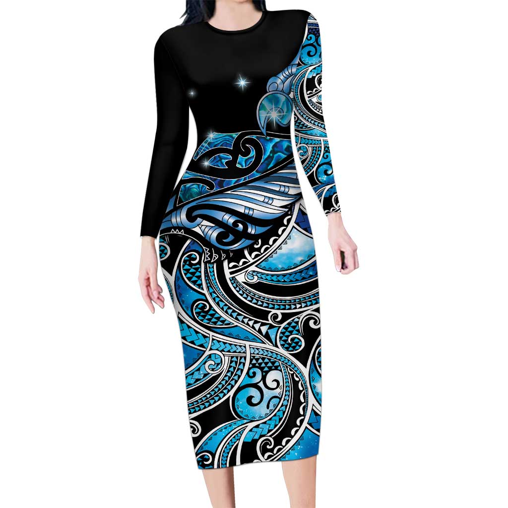 Maori Matariki - Manaia Family Matching Long Sleeve Bodycon Dress and Hawaiian Shirt Galaxy Blue Paua Shell