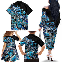 Maori Matariki - Manaia Family Matching Off The Shoulder Long Sleeve Dress and Hawaiian Shirt Galaxy Blue Paua Shell