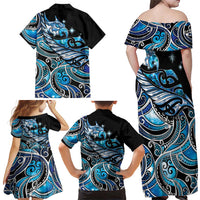 Maori Matariki - Manaia Family Matching Off Shoulder Maxi Dress and Hawaiian Shirt Galaxy Blue Paua Shell