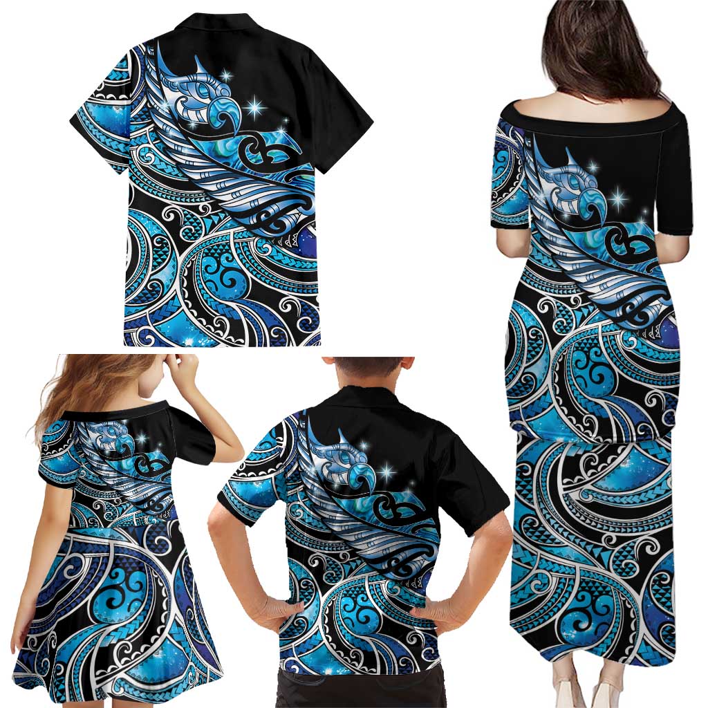 Maori Matariki - Manaia Family Matching Puletasi and Hawaiian Shirt Galaxy Blue Paua Shell LT7 - Polynesian Pride