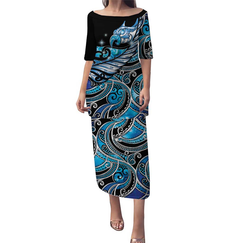 Maori Matariki - Manaia Family Matching Puletasi and Hawaiian Shirt Galaxy Blue Paua Shell LT7 Mom's Dress Blue - Polynesian Pride