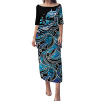 Maori Matariki - Manaia Family Matching Puletasi and Hawaiian Shirt Galaxy Blue Paua Shell LT7 Mom's Dress Blue - Polynesian Pride