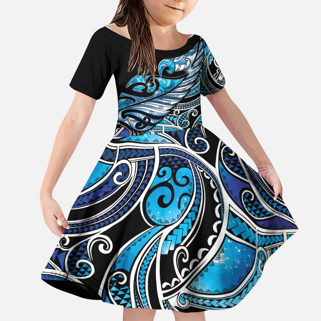 Maori Matariki - Manaia Family Matching Summer Maxi Dress and Hawaiian Shirt Galaxy Blue Paua Shell LT7 Daughter's Dress Blue - Polynesian Pride
