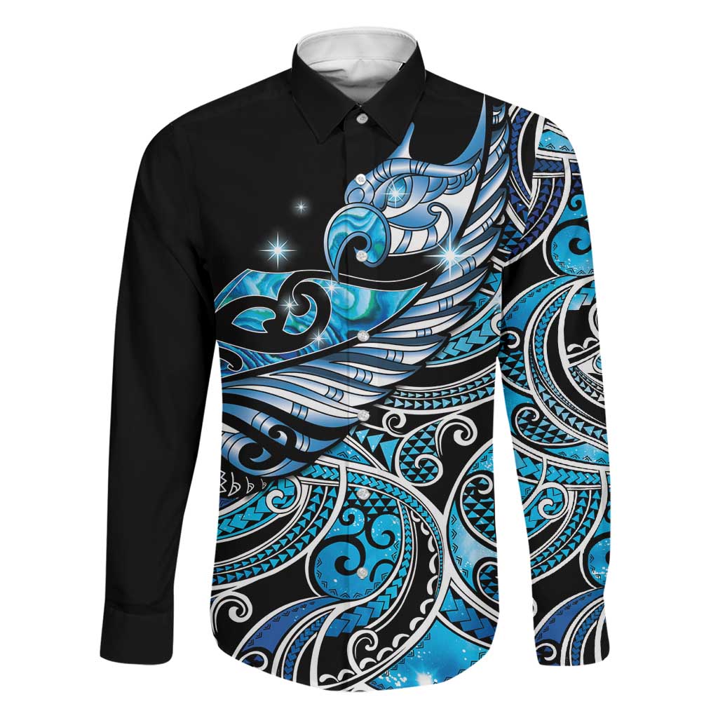 Maori Matariki - Manaia Family Matching Summer Maxi Dress and Hawaiian Shirt Galaxy Blue Paua Shell LT7 Dad's Shirt - Long Sleeve Blue - Polynesian Pride