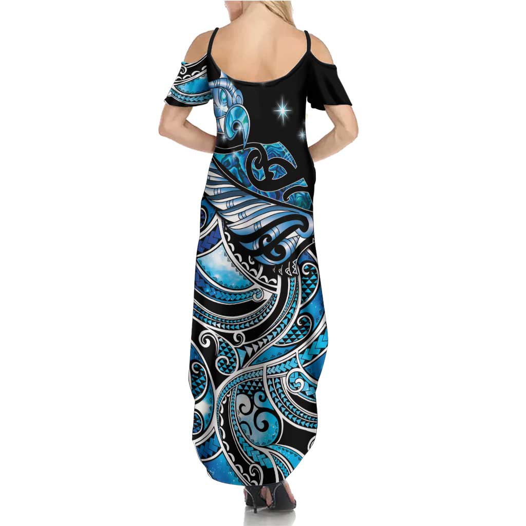 Maori Matariki - Manaia Family Matching Summer Maxi Dress and Hawaiian Shirt Galaxy Blue Paua Shell LT7 - Polynesian Pride