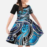 Maori Matariki - Manaia Family Matching Tank Maxi Dress and Hawaiian Shirt Galaxy Blue Paua Shell LT7 Daughter's Dress Blue - Polynesian Pride