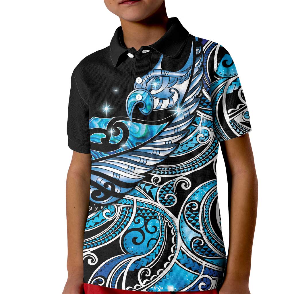 Maori Matariki - Manaia Kid Polo Shirt Galaxy Blue Paua Shell