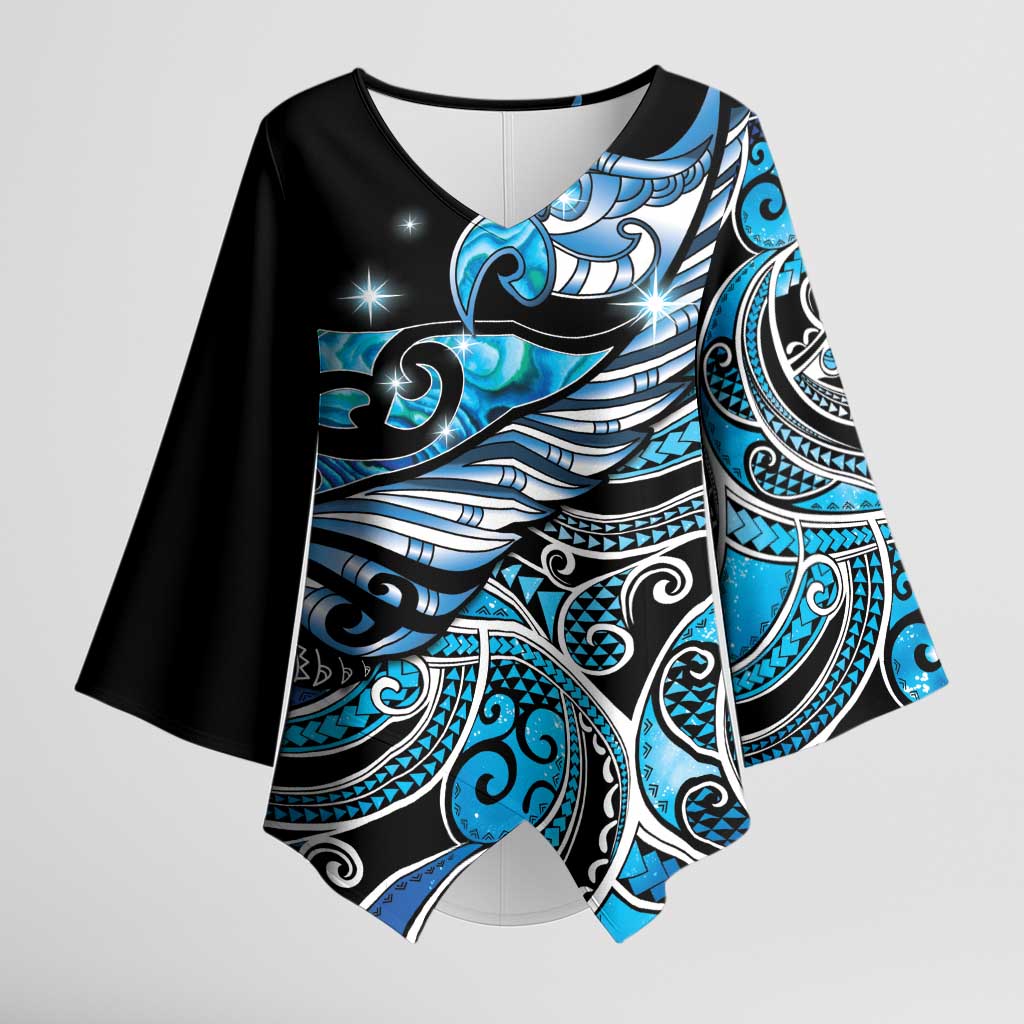 Maori Matariki - Manaia Kimono Sleeve Blouse Galaxy Blue Paua Shell LT7 Female Blue - Polynesian Pride