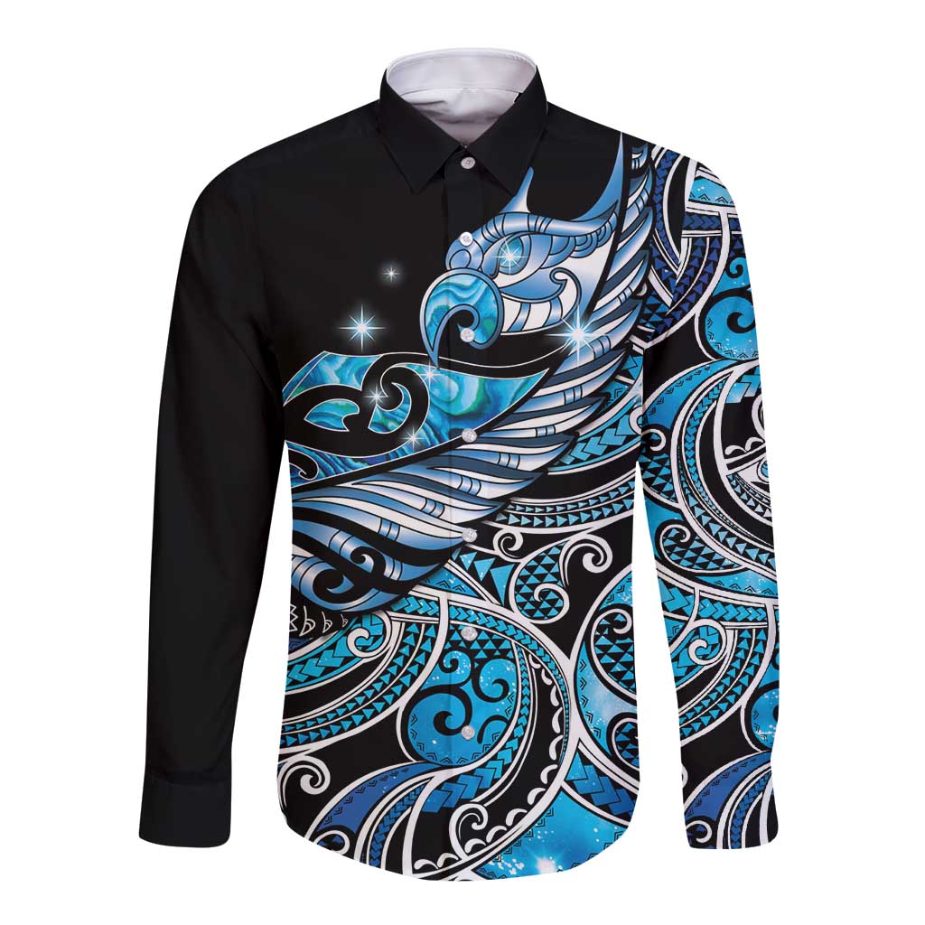 Maori Matariki - Manaia Long Sleeve Button Shirt Galaxy Blue Paua Shell
