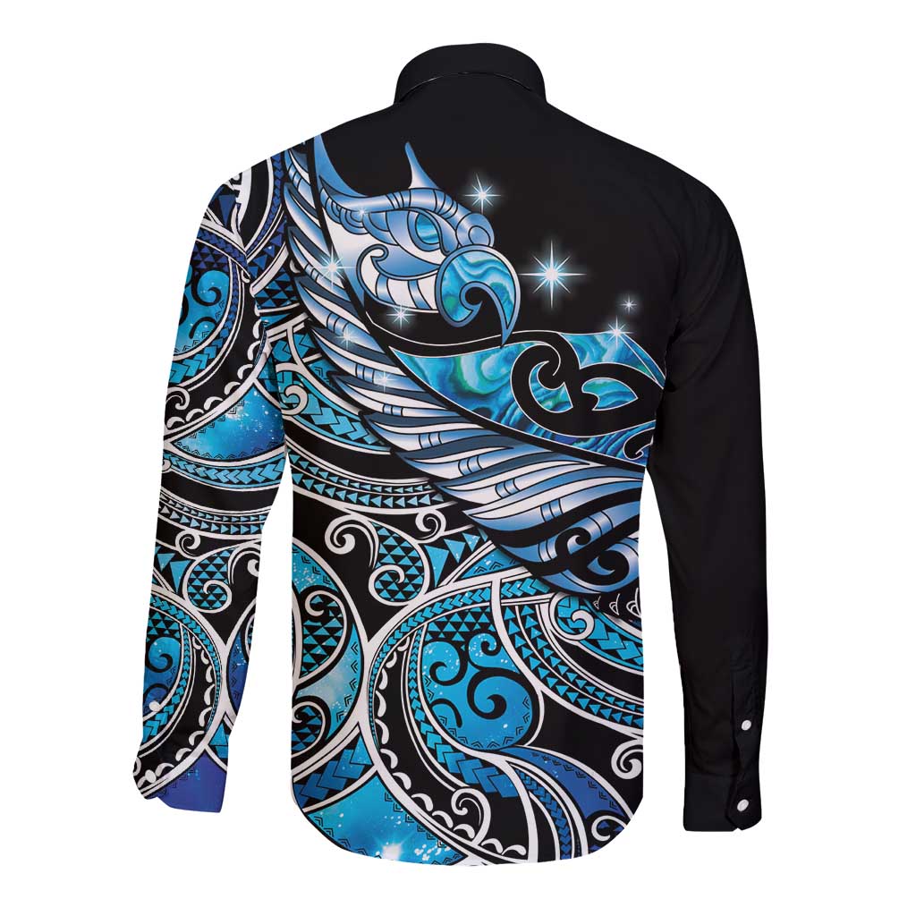 Maori Matariki - Manaia Long Sleeve Button Shirt Galaxy Blue Paua Shell