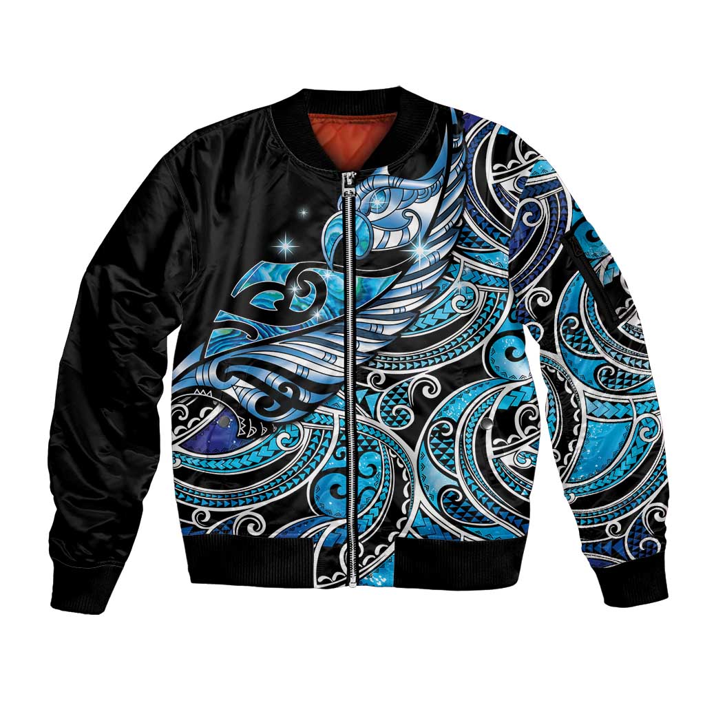 Maori Matariki - Manaia Sleeve Zip Bomber Jacket Galaxy Blue Paua Shell