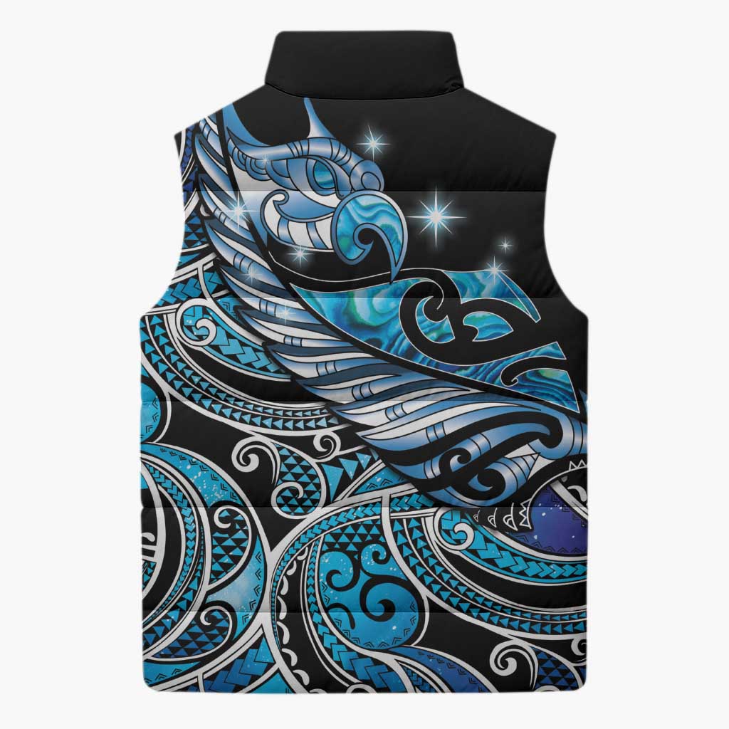 Maori Matariki - Manaia Sleeveless Puffer Jacket Galaxy Blue Paua Shell