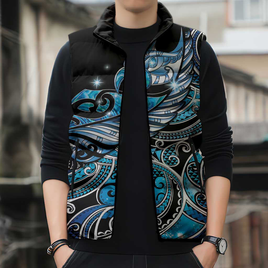 Maori Matariki - Manaia Sleeveless Puffer Jacket Galaxy Blue Paua Shell