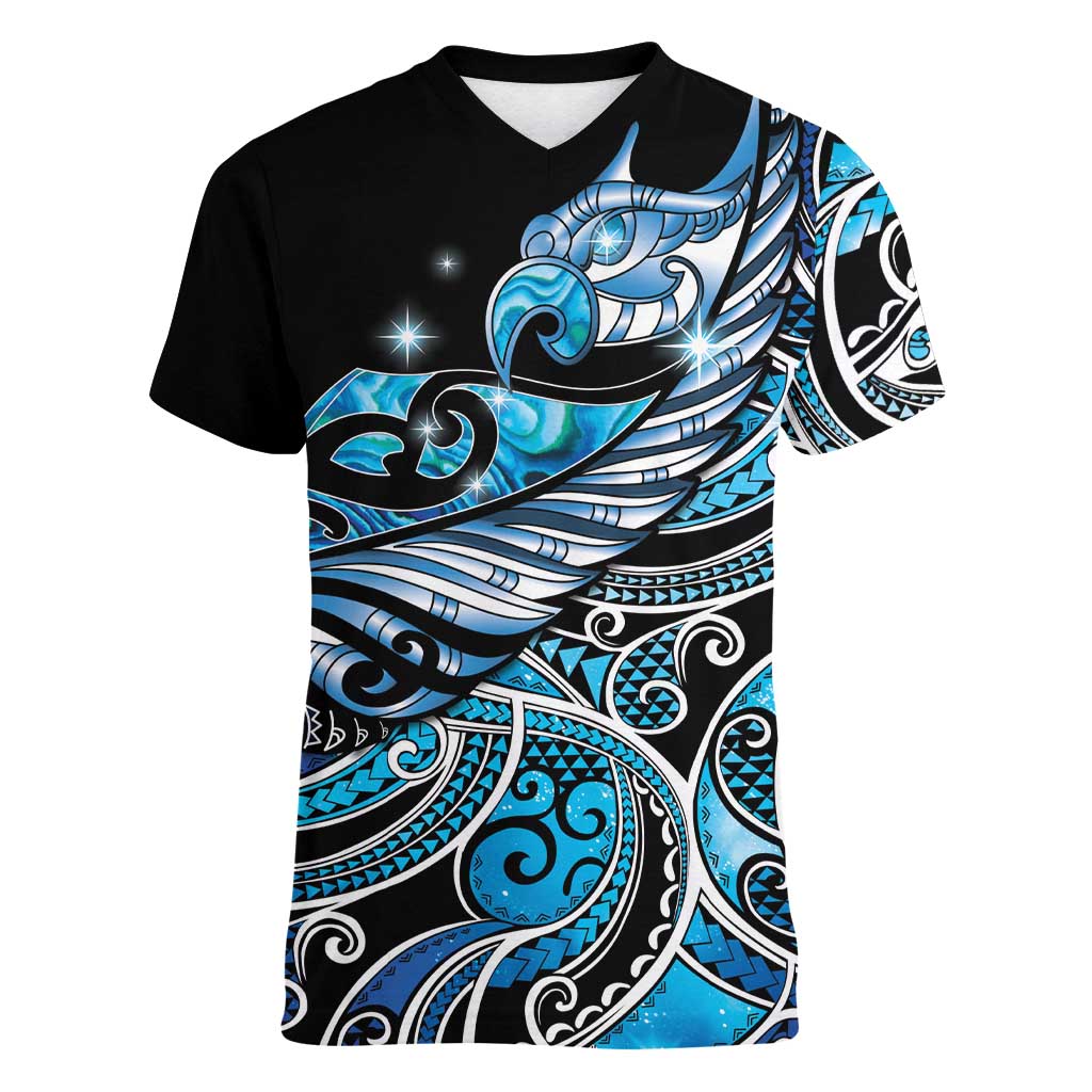 Maori Matariki - Manaia Women V-Neck T-Shirt Galaxy Blue Paua Shell