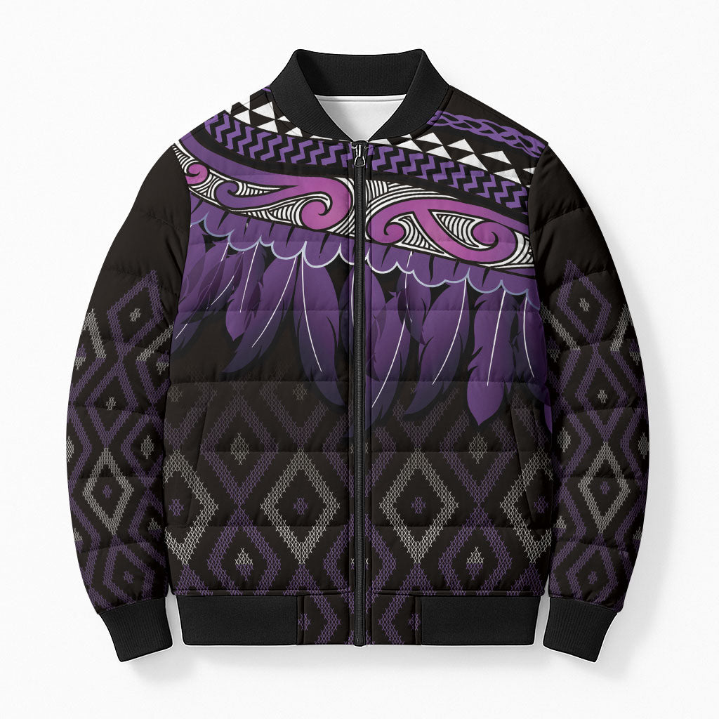 Aotearoa Maori Ngati Porou Iwi Bomber Puffer Jacket Korowai Tukutuku Kaokao Motifs LT7 Unisex Purple - Polynesian Pride