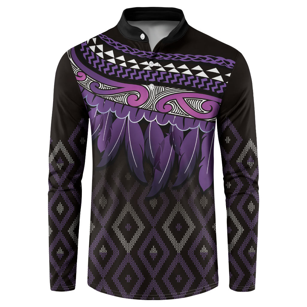 Aotearoa Maori Ngati Porou Iwi Button Sweatshirt Korowai Tukutuku Kaokao Motifs LT7 Purple - Polynesian Pride