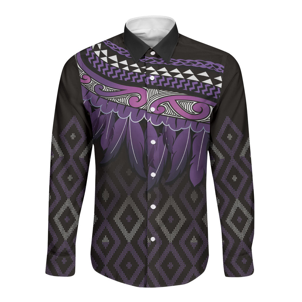 Aotearoa Maori Ngati Porou Iwi Long Sleeve Button Shirt Korowai Tukutuku Kaokao Motifs LT7 Unisex Purple - Polynesian Pride