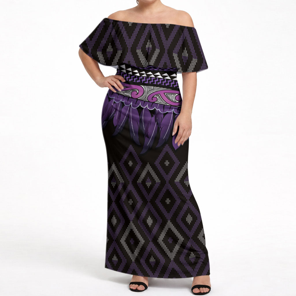 Aotearoa Maori Ngati Porou Iwi Off Shoulder Maxi Dress Korowai Tukutuku Kaokao Motifs LT7 Women Purple - Polynesian Pride