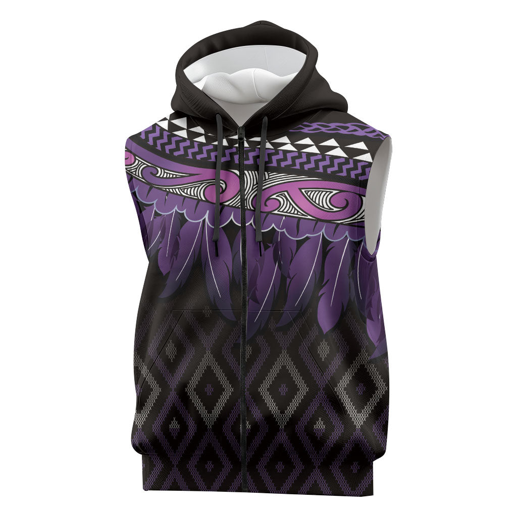 Aotearoa Maori Ngati Porou Iwi Sleeveless Zip Hoodie Korowai Tukutuku Kaokao Motifs LT7 Purple - Polynesian Pride