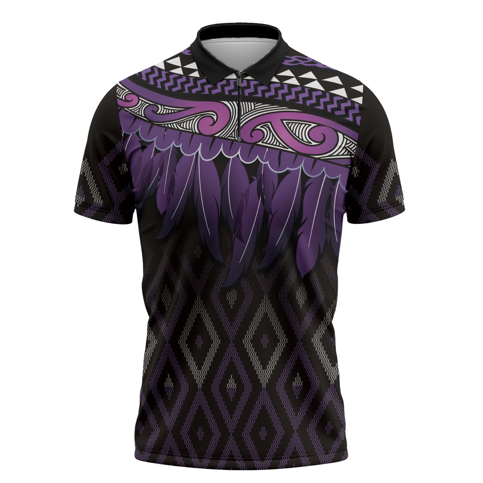 Aotearoa Maori Ngati Porou Iwi Zipper Polo Shirt Korowai Tukutuku Kaokao Motifs LT7 Purple - Polynesian Pride