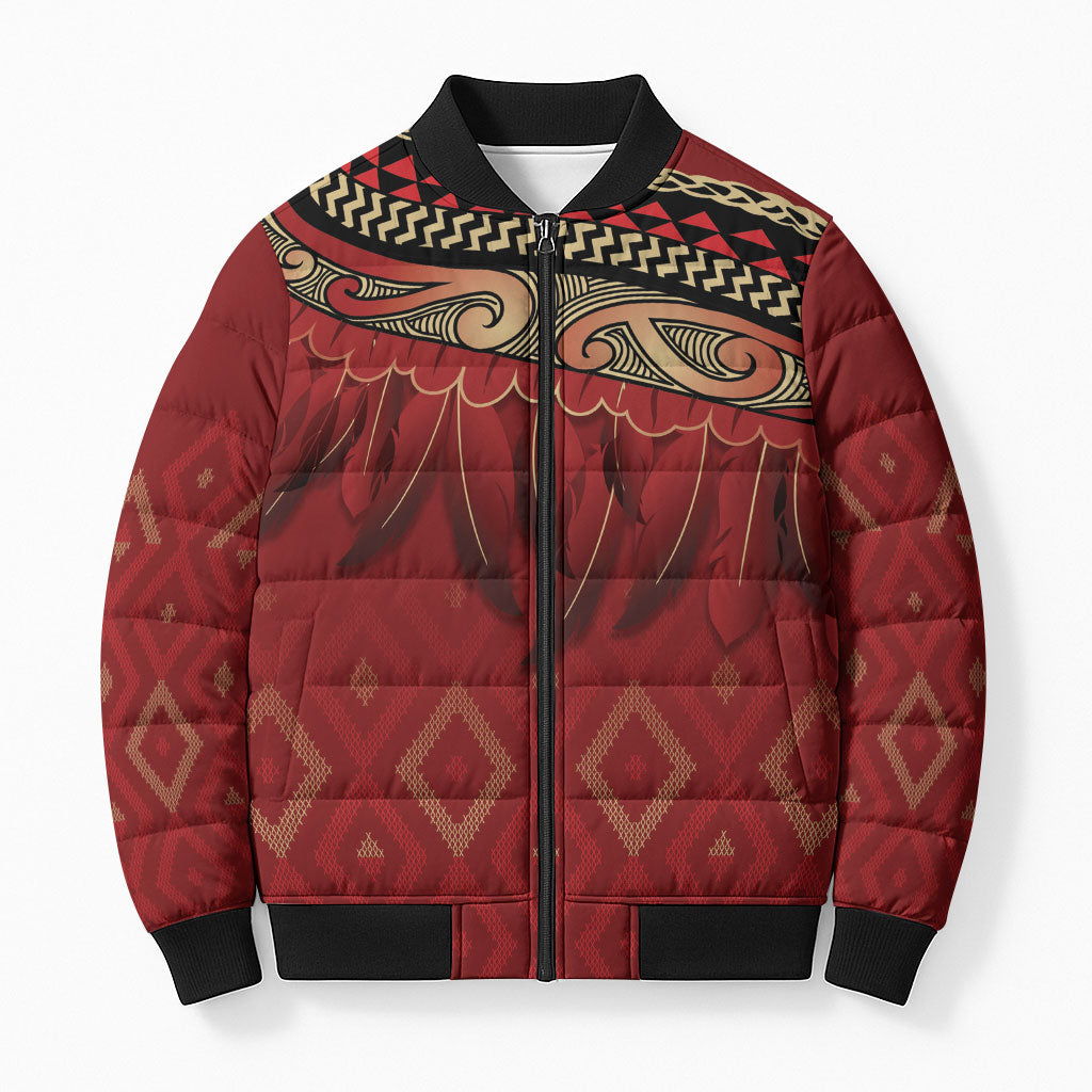 Aotearoa Maori Waikato Tainui Iwi Bomber Puffer Jacket Korowai Tukutuku Kaokao Motifs LT7 Unisex Red - Polynesian Pride