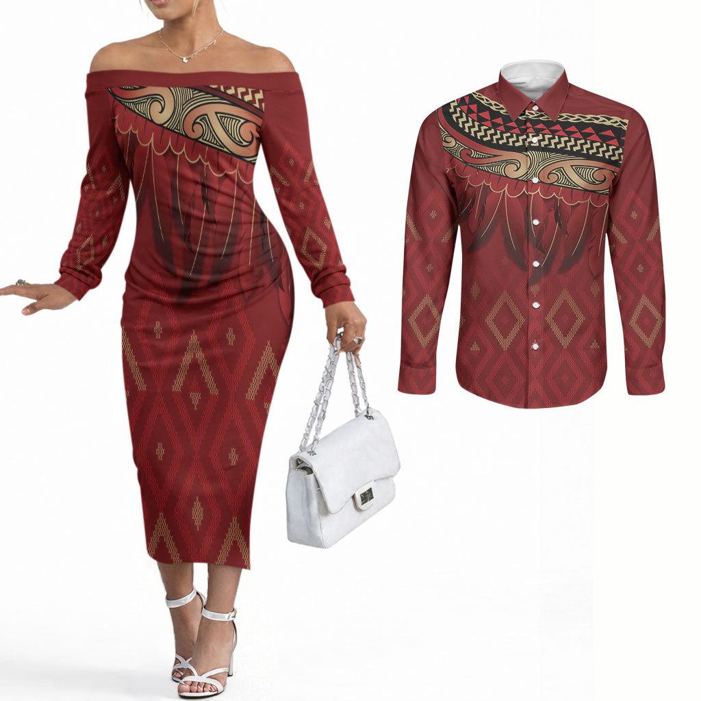Aotearoa Maori Waikato Tainui Iwi Couples Matching Off The Shoulder Long Sleeve Dress and Long Sleeve Button Shirt Korowai Tukutuku Kaokao Motifs