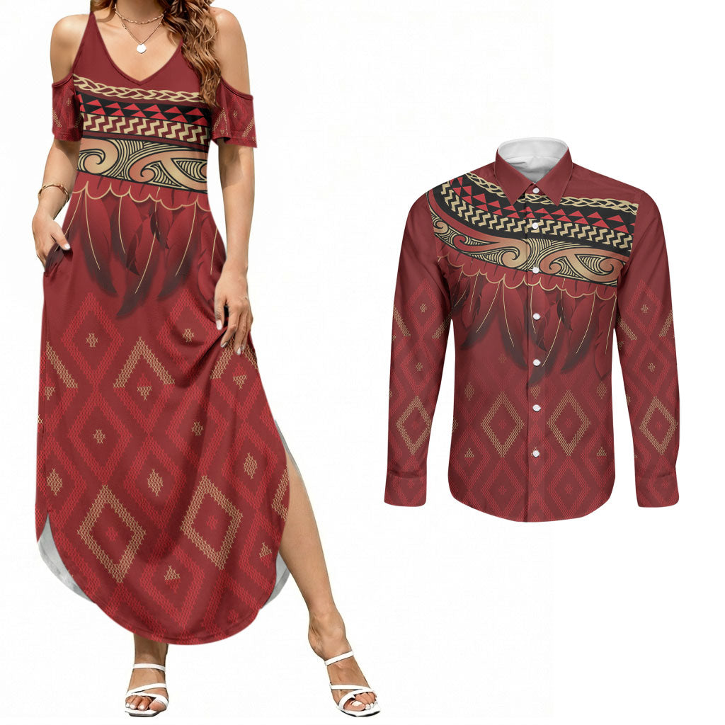 Aotearoa Maori Waikato Tainui Iwi Couples Matching Summer Maxi Dress and Long Sleeve Button Shirt Korowai Tukutuku Kaokao Motifs