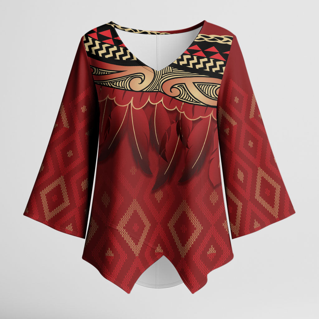 Aotearoa Maori Waikato Tainui Iwi Kimono Sleeve Blouse Korowai Tukutuku Kaokao Motifs LT7 Female Red - Polynesian Pride