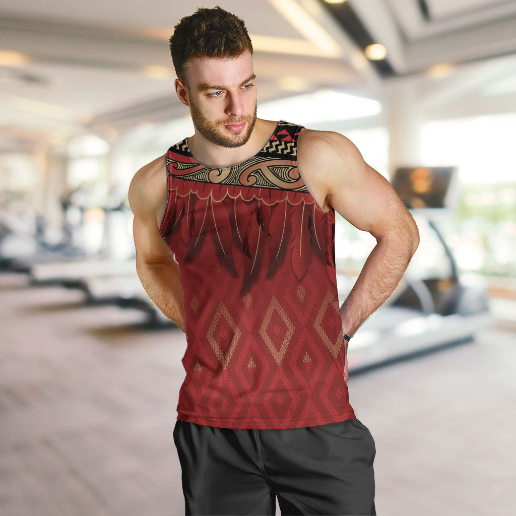 Aotearoa Maori Waikato Tainui Iwi Men Tank Top Korowai Tukutuku Kaokao Motifs LT7 Red - Polynesian Pride