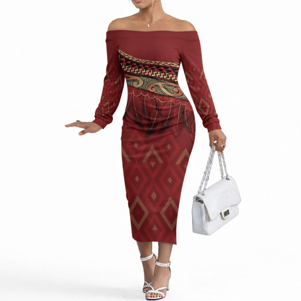 Aotearoa Maori Waikato Tainui Iwi Off The Shoulder Long Sleeve Dress Korowai Tukutuku Kaokao Motifs LT7 Women Red - Polynesian Pride