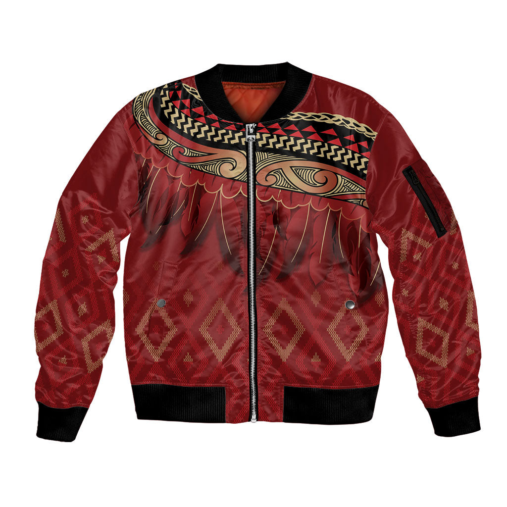 Aotearoa Maori Waikato Tainui Iwi Sleeve Zip Bomber Jacket Korowai Tukutuku Kaokao Motifs LT7 Unisex Red - Polynesian Pride