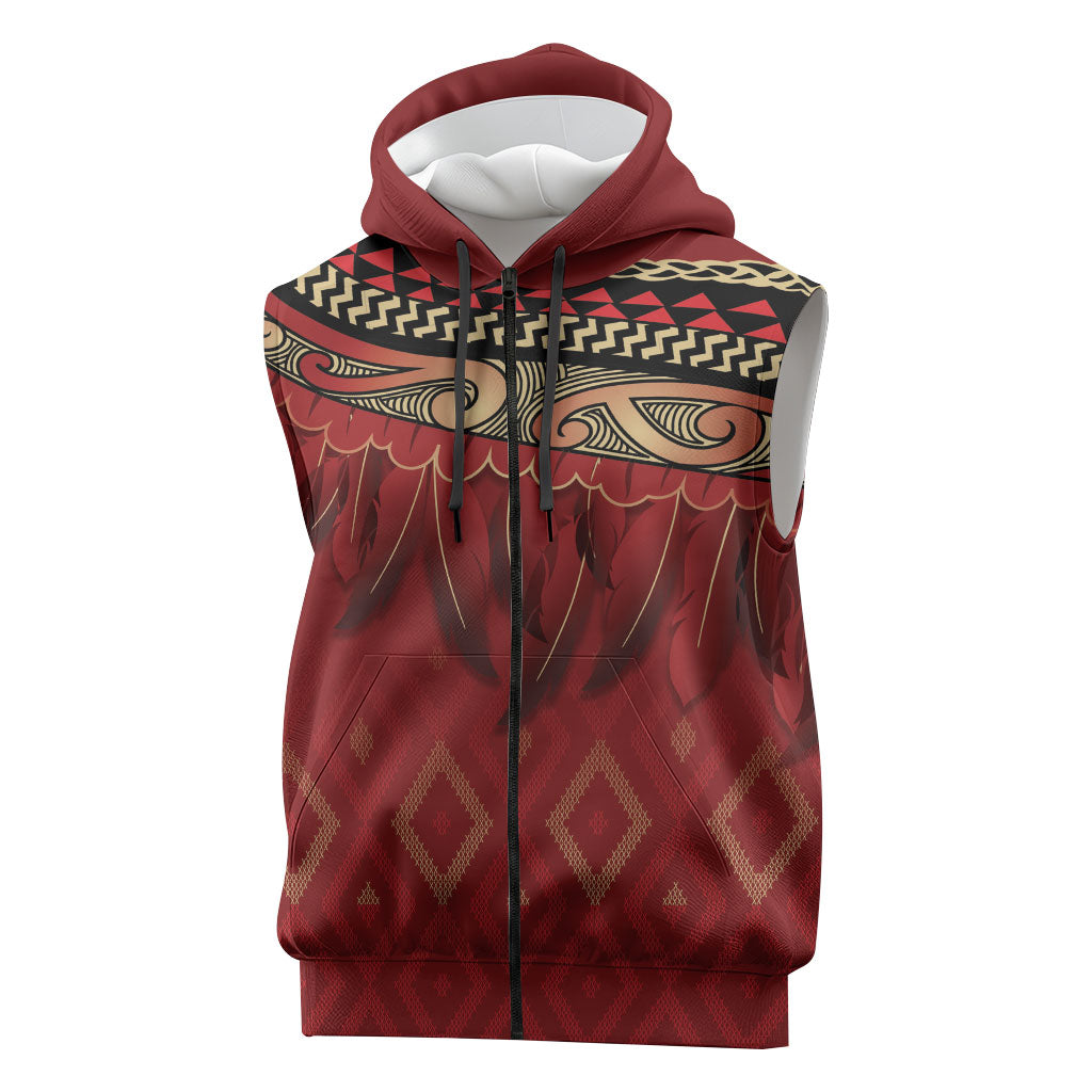 Aotearoa Maori Waikato Tainui Iwi Sleeveless Zip Hoodie Korowai Tukutuku Kaokao Motifs LT7 Red - Polynesian Pride