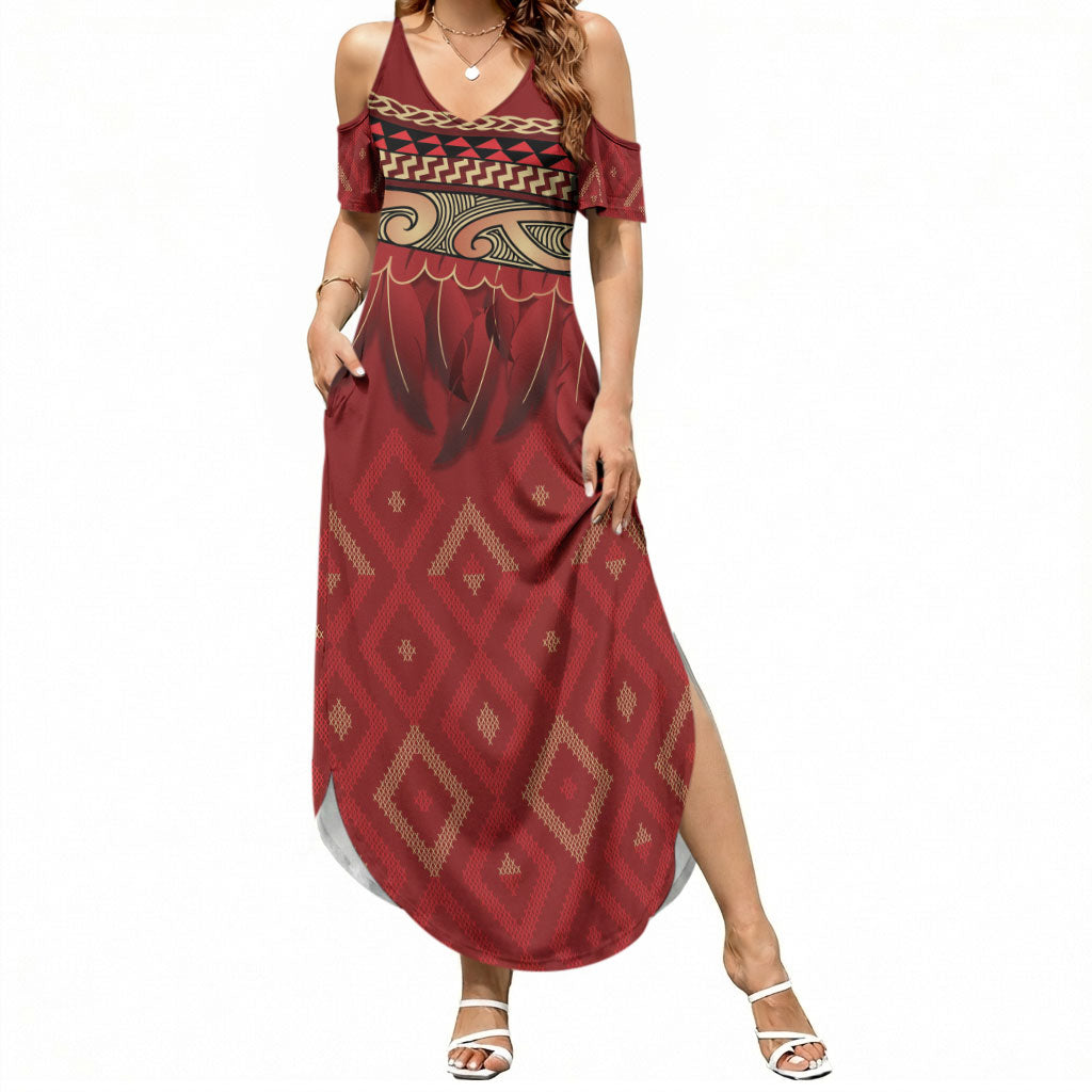 Aotearoa Maori Waikato Tainui Iwi Summer Maxi Dress Korowai Tukutuku Kaokao Motifs LT7 Women Red - Polynesian Pride