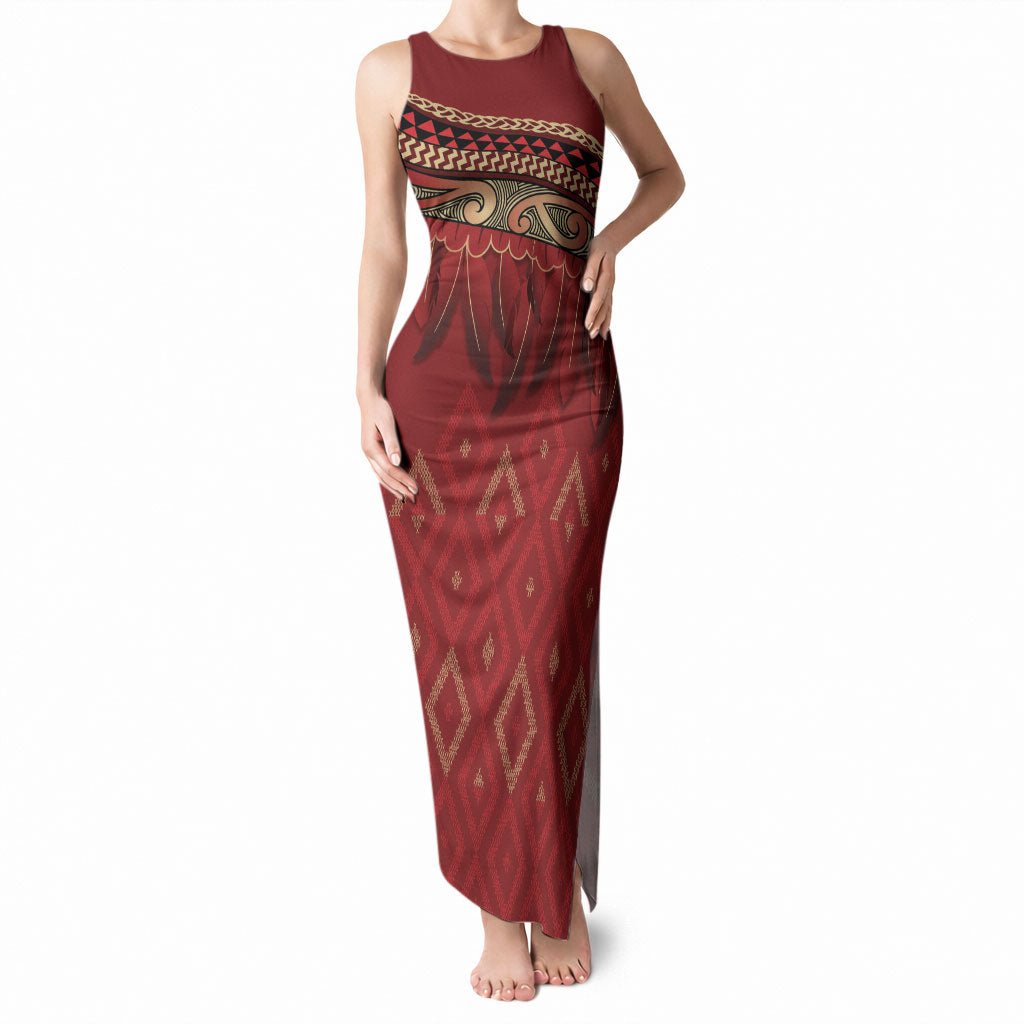 Aotearoa Maori Waikato Tainui Iwi Tank Maxi Dress Korowai Tukutuku Kaokao Motifs LT7 Women Red - Polynesian Pride