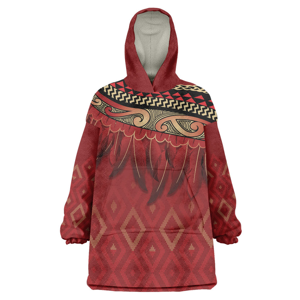 Aotearoa Maori Waikato Tainui Iwi Wearable Blanket Hoodie Korowai Tukutuku Kaokao Motifs LT7 One Size Red - Polynesian Pride