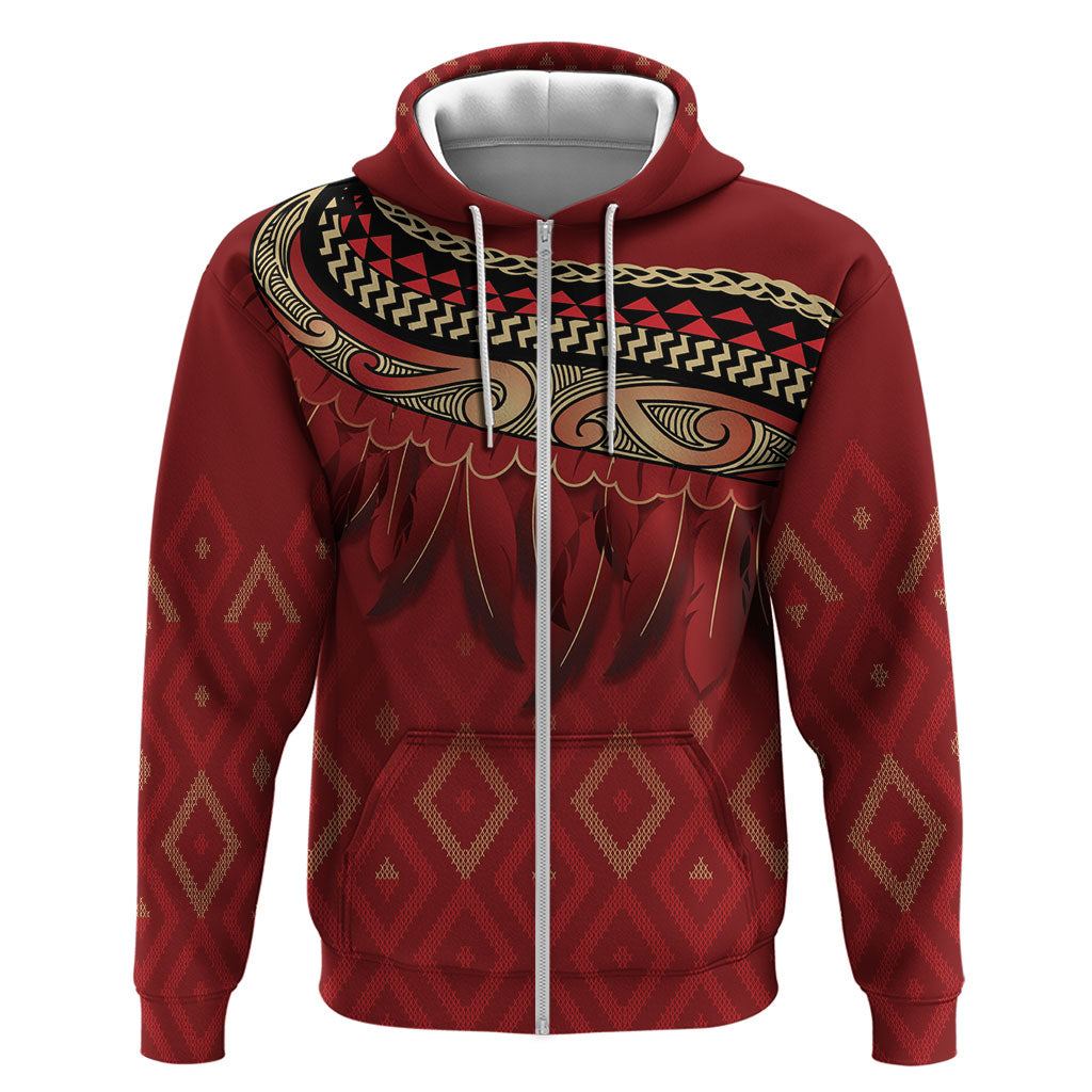 Aotearoa Maori Waikato Tainui Iwi Zip Hoodie Korowai Tukutuku Kaokao Motifs LT7 Zip Hoodie Red - Polynesian Pride