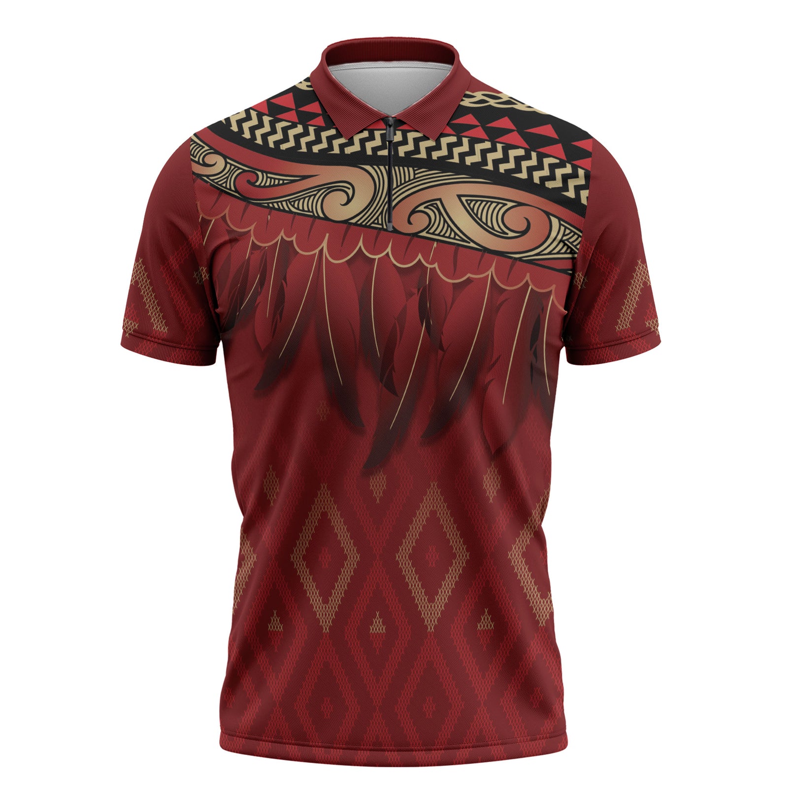 Aotearoa Maori Waikato Tainui Iwi Zipper Polo Shirt Korowai Tukutuku Kaokao Motifs LT7 Red - Polynesian Pride