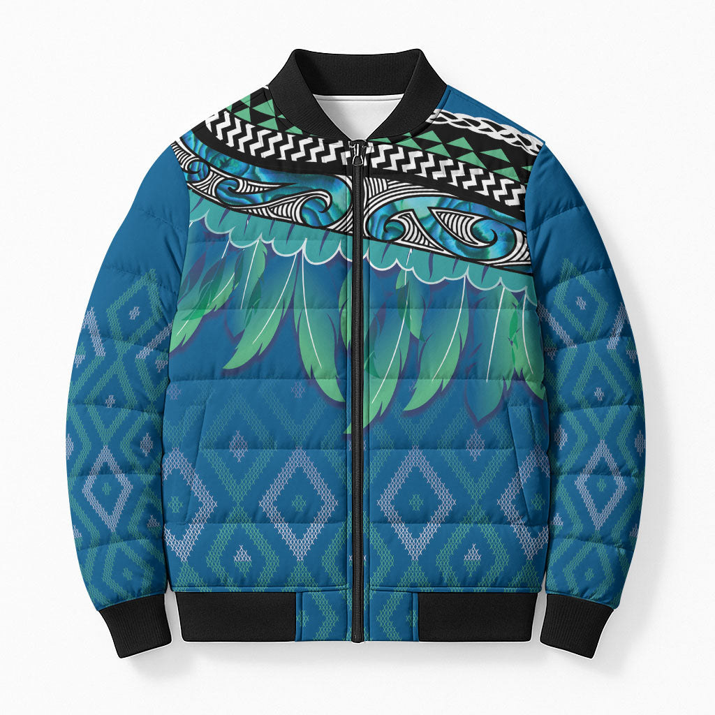 Aotearoa Maori Ngati Kahungunu Iwi Paua Blue Bomber Puffer Jacket Korowai Tukutuku Kaokao Motifs LT7 Unisex Green Blue - Polynesian Pride