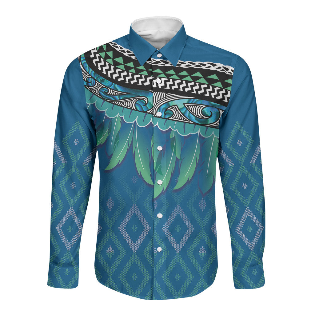 Aotearoa Maori Ngati Kahungunu Iwi Paua Blue Long Sleeve Button Shirt Korowai Tukutuku Kaokao Motifs LT7 Unisex Green Blue - Polynesian Pride