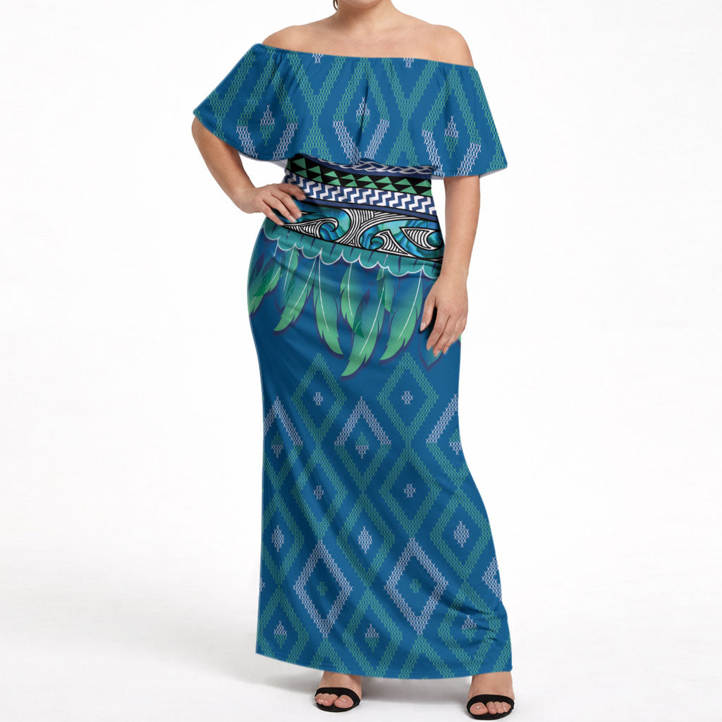 Aotearoa Maori Ngati Kahungunu Iwi Paua Blue Off Shoulder Maxi Dress Korowai Tukutuku Kaokao Motifs LT7 Women Green Blue - Polynesian Pride
