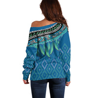Aotearoa Maori Ngati Kahungunu Iwi Paua Blue Off Shoulder Sweater Korowai Tukutuku Kaokao Motifs LT7 - Polynesian Pride