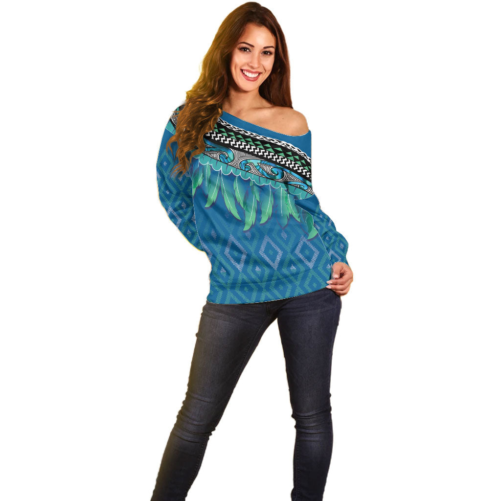 Aotearoa Maori Ngati Kahungunu Iwi Paua Blue Off Shoulder Sweater Korowai Tukutuku Kaokao Motifs LT7 - Polynesian Pride