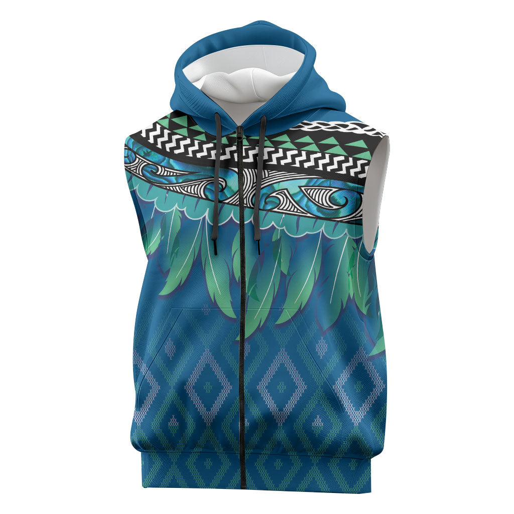 Aotearoa Maori Ngati Kahungunu Iwi Paua Blue Sleeveless Zip Hoodie Korowai Tukutuku Kaokao Motifs LT7 Green Blue - Polynesian Pride