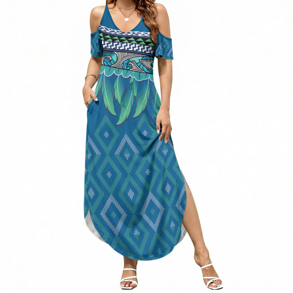 Aotearoa Maori Ngati Kahungunu Iwi Paua Blue Summer Maxi Dress Korowai Tukutuku Kaokao Motifs LT7 Women Green Blue - Polynesian Pride